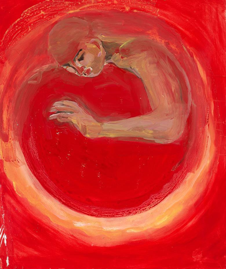 Figure on Red.  Acrylic on paper, 27.5 x 33 in. - 70 x 84 cm. F051.