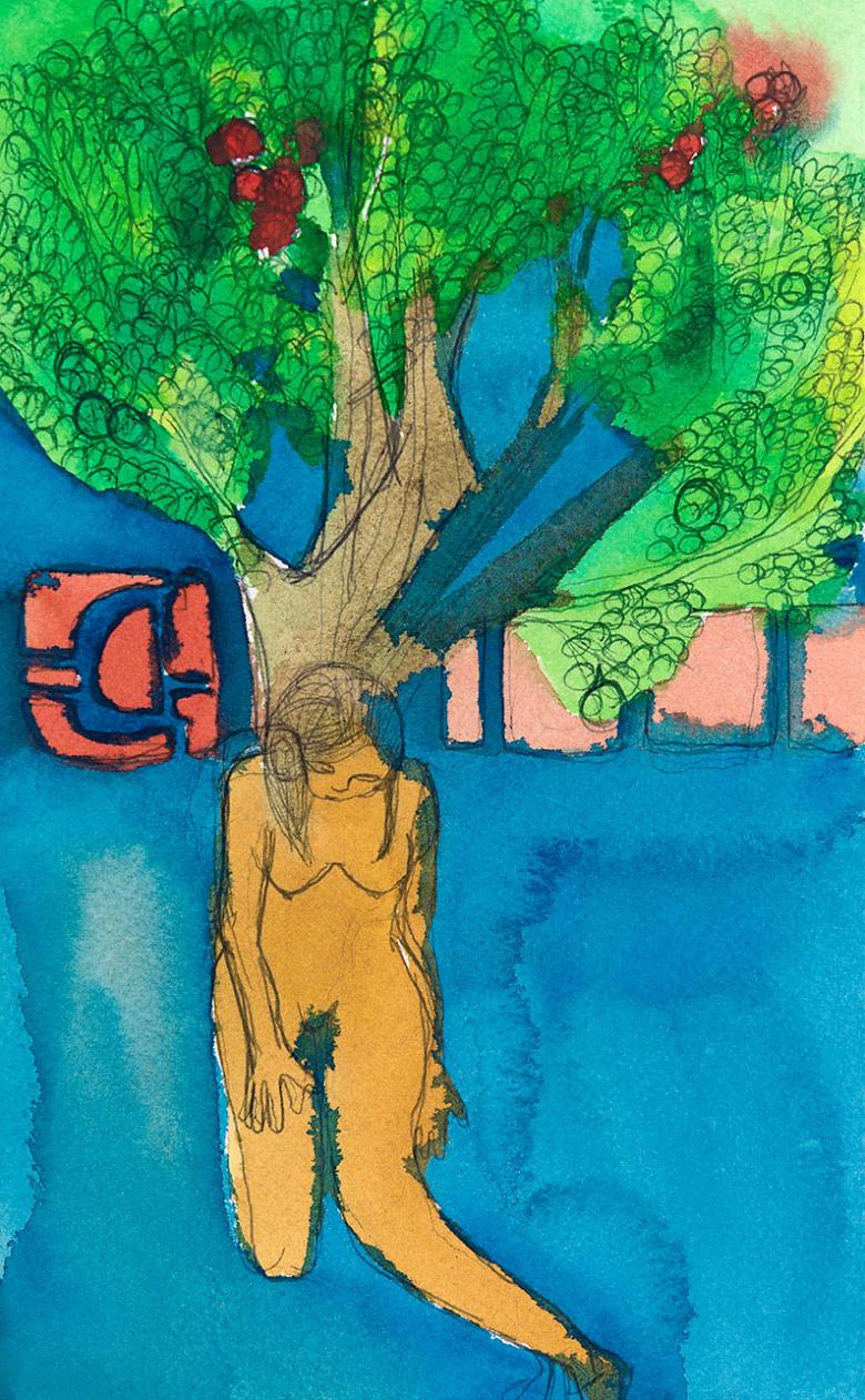 Woman under the Tree. Ink, watercolor and pencil on paper, 6x9.5in - 15x24.5cm.  Fig. 218