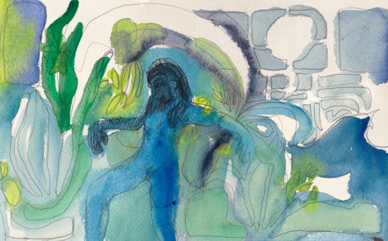 Abstract with Blue Woman. Watercolor and pencil on arches paper, 6x9.5in - 15x24.5cm. Fig. 332
